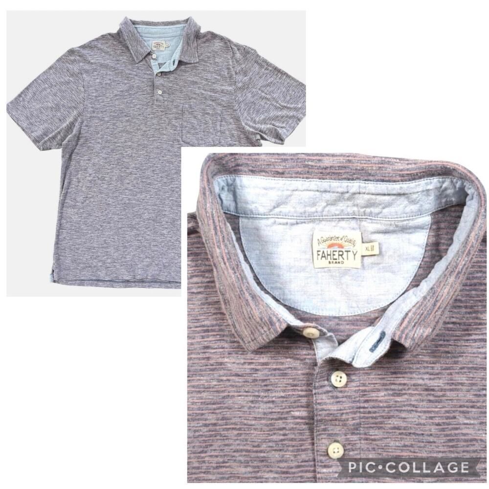 Faherty Heathered Striped Pocket Polo Shirt Men's XL Purple Casual Lightweight